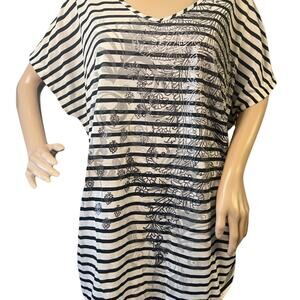 FADED GLORY Black & White 2X STRIPE V-NECK SHORT SLEEVE T-SHIRT Side Drawstring